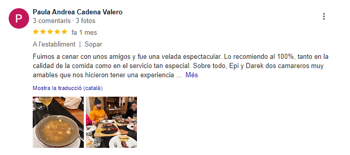 Paula Andrea Cadena Valero. Fuimos a cenar con unos amigos y fue una velada espectacular. Lo recomiendo al 100 %, tanto en la calidad de la comida como en el servicio tan especial. Sobre todo, Epi y Darek dos camareros muy amables que nos hicieron tener una experiencia muy agradable en nuestra última noche en Andorra. ¡Muchas gracias por vuestro servicio, si o si volveremos!!!!